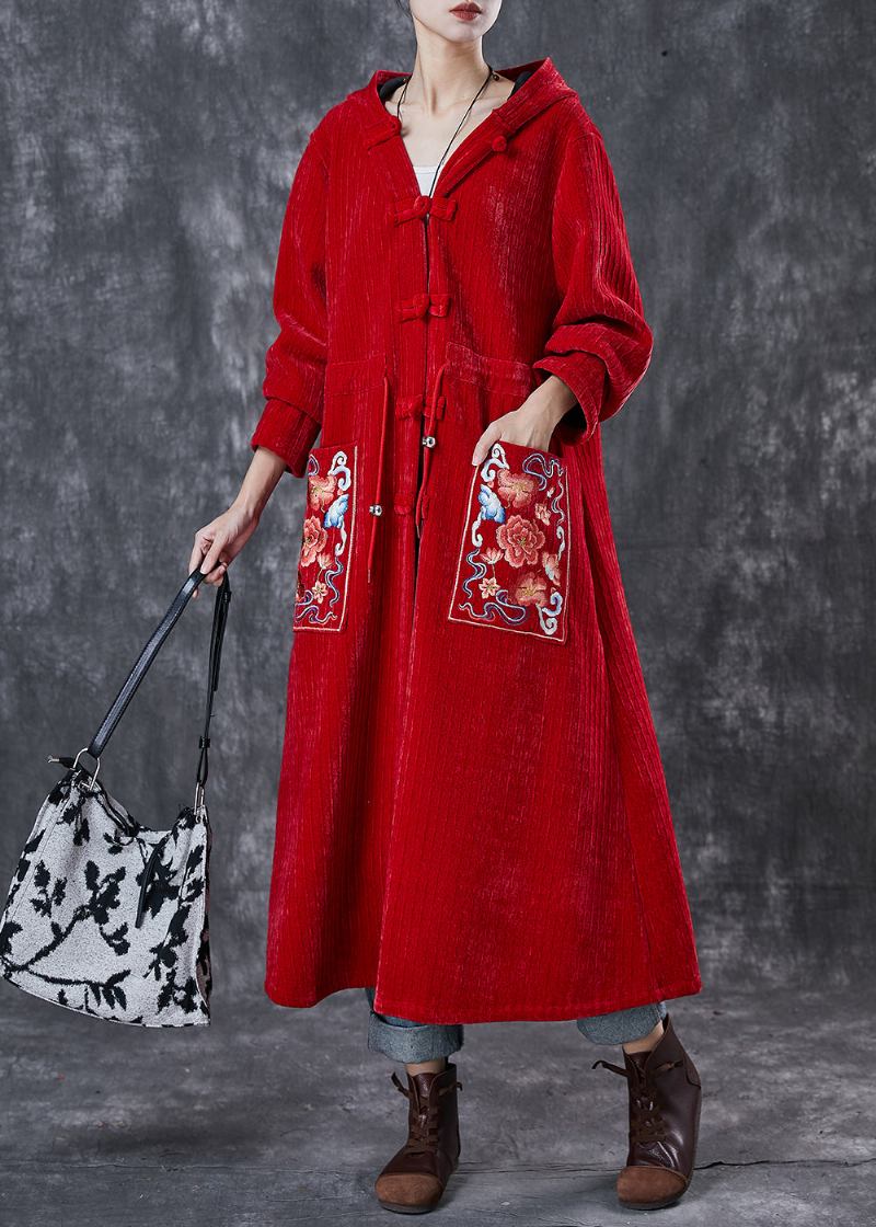 Rot Oriental Warm Fleece Cord Trenchcoat Bestickt Winter - Damen-Trenchcoats