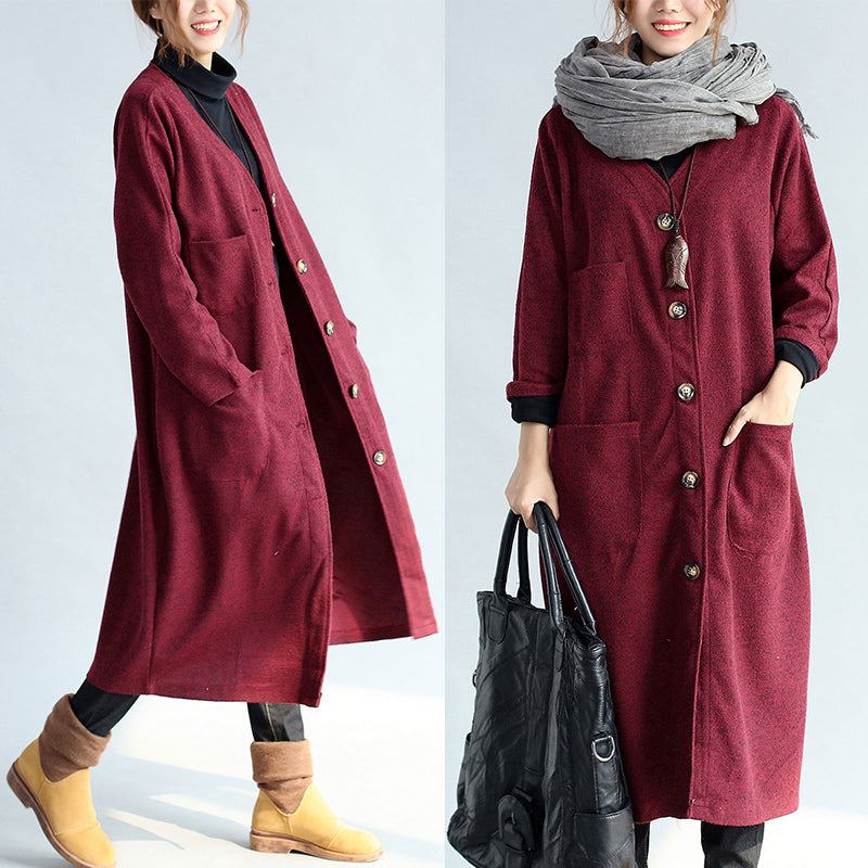 Rote Winter-baumwoll-cardigans In Übergröße Langärmelige Vintage-trenchcoats Aus Wolle - Damen-Trenchcoats