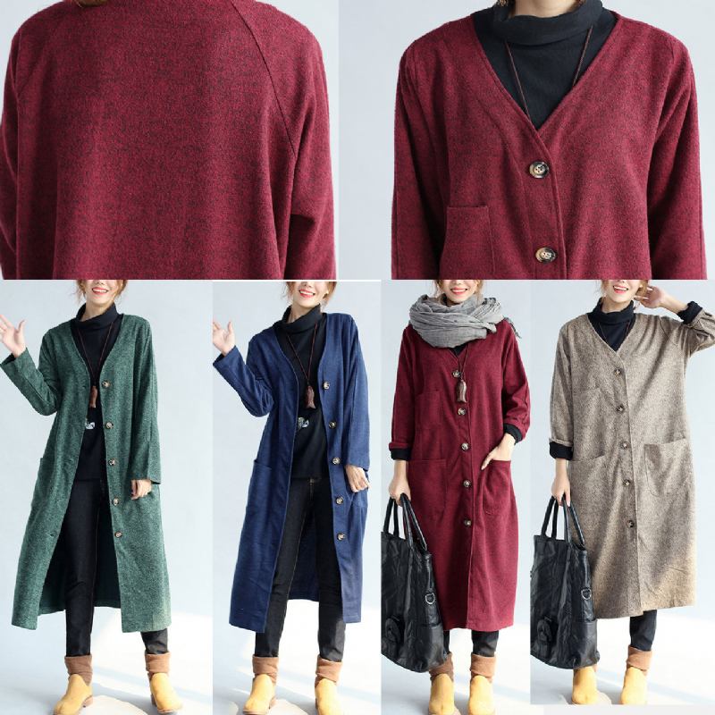 Rote Winter-baumwoll-cardigans In Übergröße Langärmelige Vintage-trenchcoats Aus Wolle - Damen-Trenchcoats