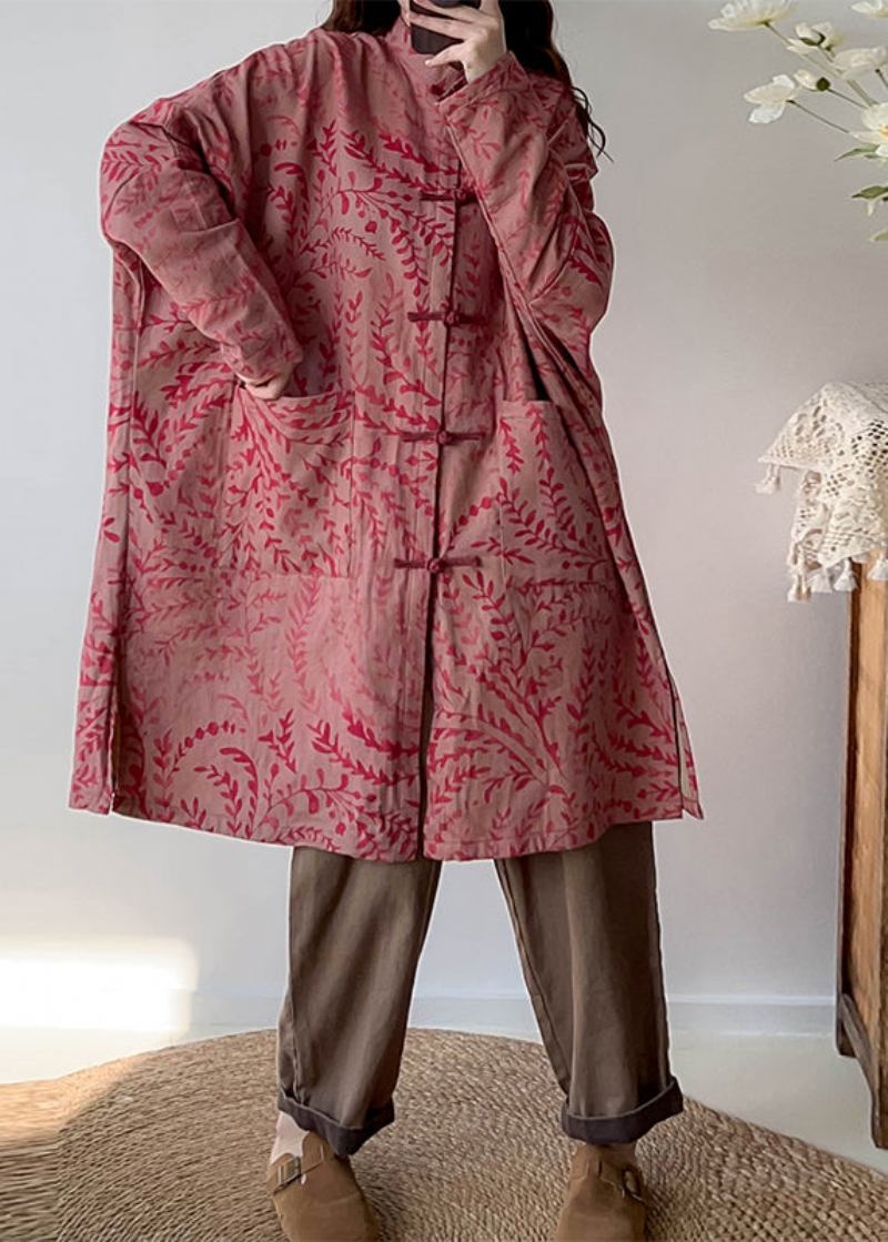 Roter Bedruckter Leinen-trenchcoat Mit Übergroßem Chinesischen Knopf - Damen-Trenchcoats