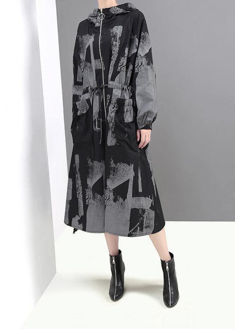 Schicke Schwarze Drucke Feine Outwear Kapuzenjacken Mit Bindegürtel - Damen-Trenchcoats