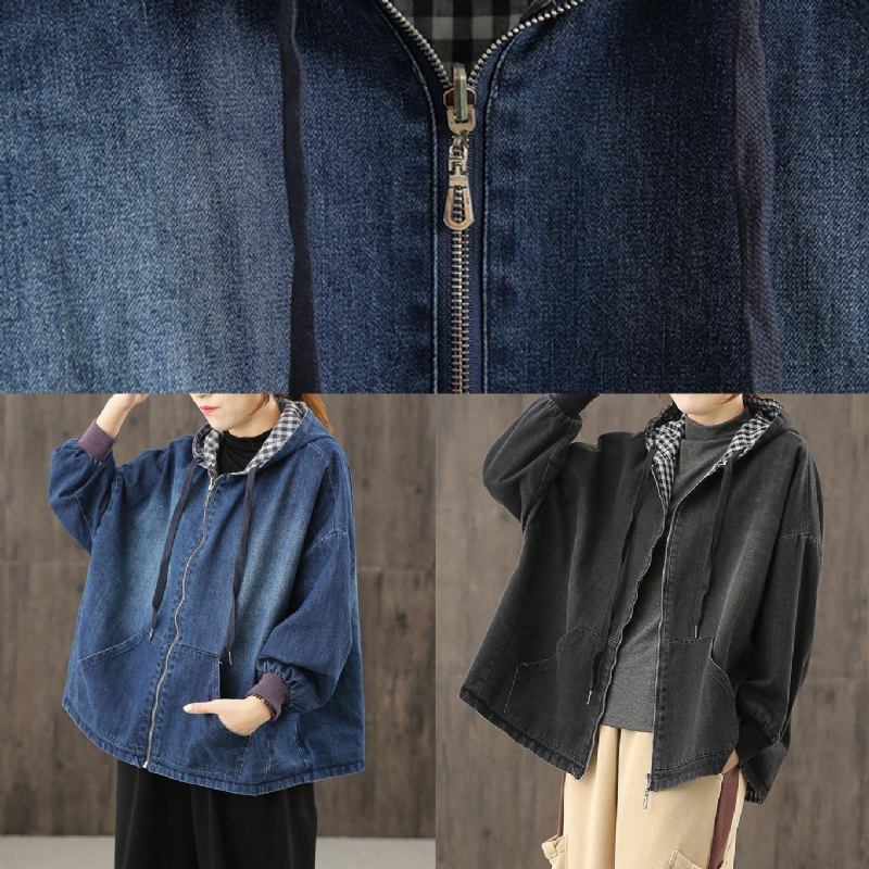 Schicke Schwarze Jeanskleidung Mit Kapuze Und Taschen Baggy-bluse - Damen-Trenchcoats