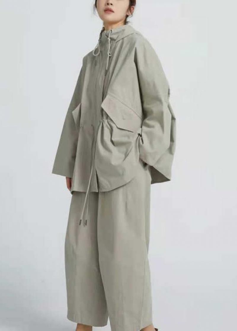 Schicker Kordelzug Frühling Kurzmantel Khaki Grün Mantel - Damen-Trenchcoats