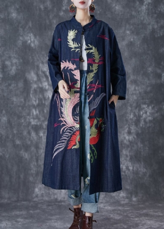 Schicker Marineblauer Trenchcoat Aus Denim Mit Phoenix-stickerei Und Chinesischen Knöpfen