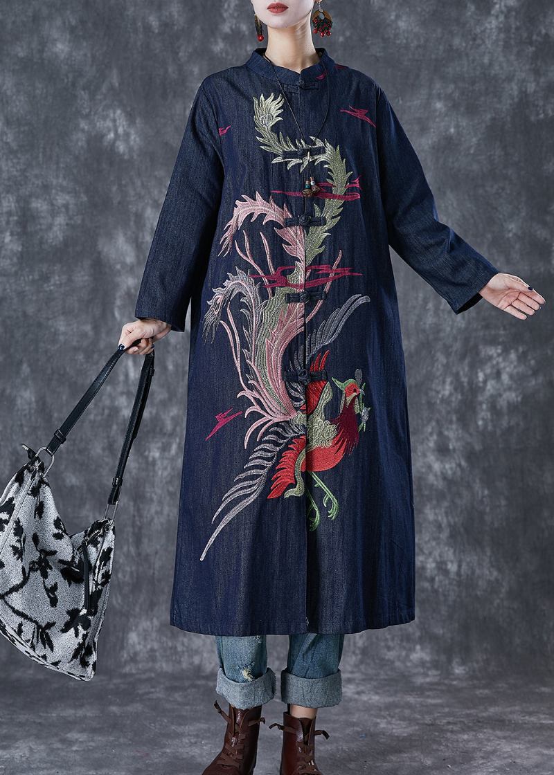 Schicker Marineblauer Trenchcoat Aus Denim Mit Phoenix-stickerei Und Chinesischen Knöpfen - Damen-Trenchcoats