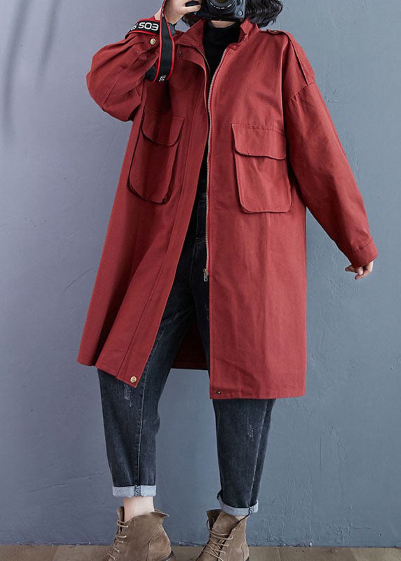 Schicker Roter Stehkragen Mit Reißverschlusstaschen Und Langen Ärmeln Im Herbst Trenchcoats - Damen-Trenchcoats