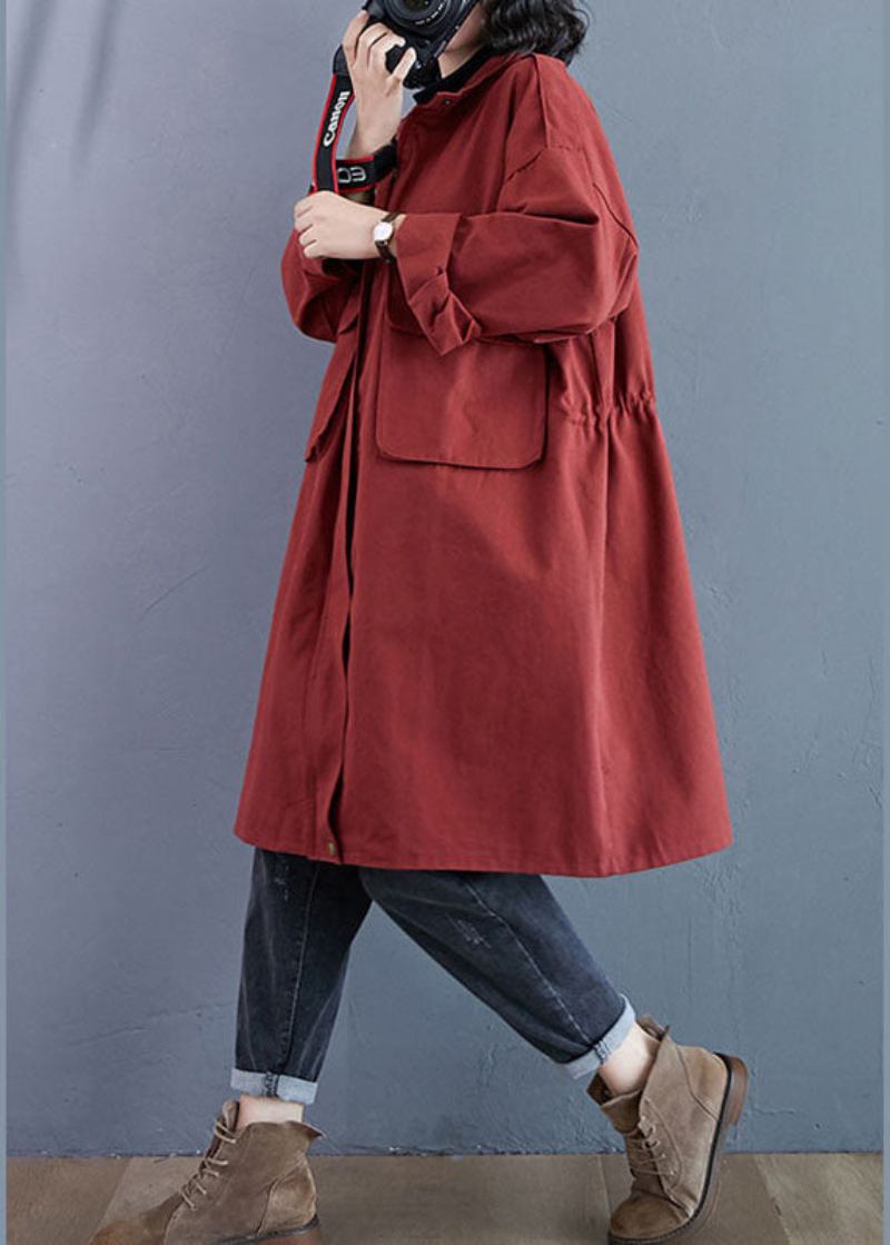 Schicker Roter Stehkragen Mit Reißverschlusstaschen Und Langen Ärmeln Im Herbst Trenchcoats - Damen-Trenchcoats