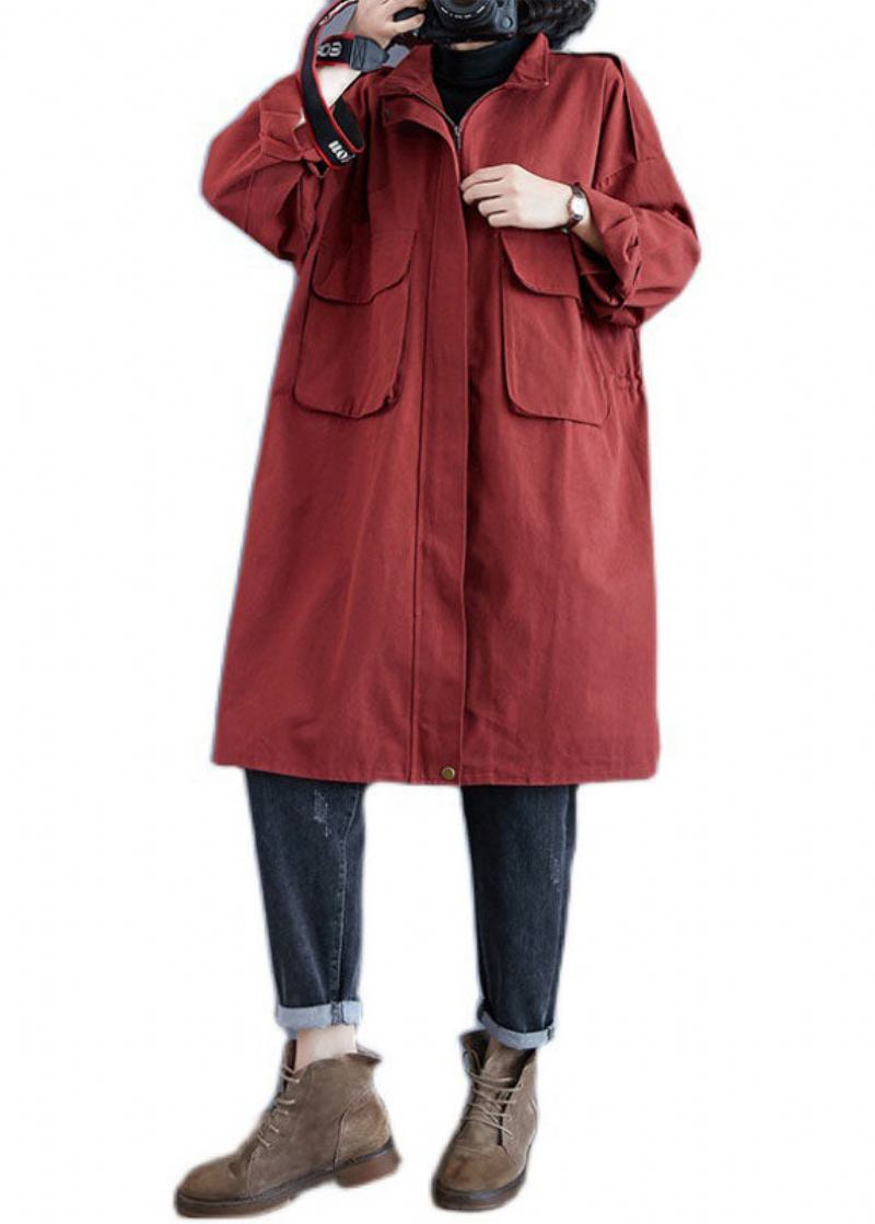 Schicker Roter Stehkragen Mit Reißverschlusstaschen Und Langen Ärmeln Im Herbst Trenchcoats - Damen-Trenchcoats