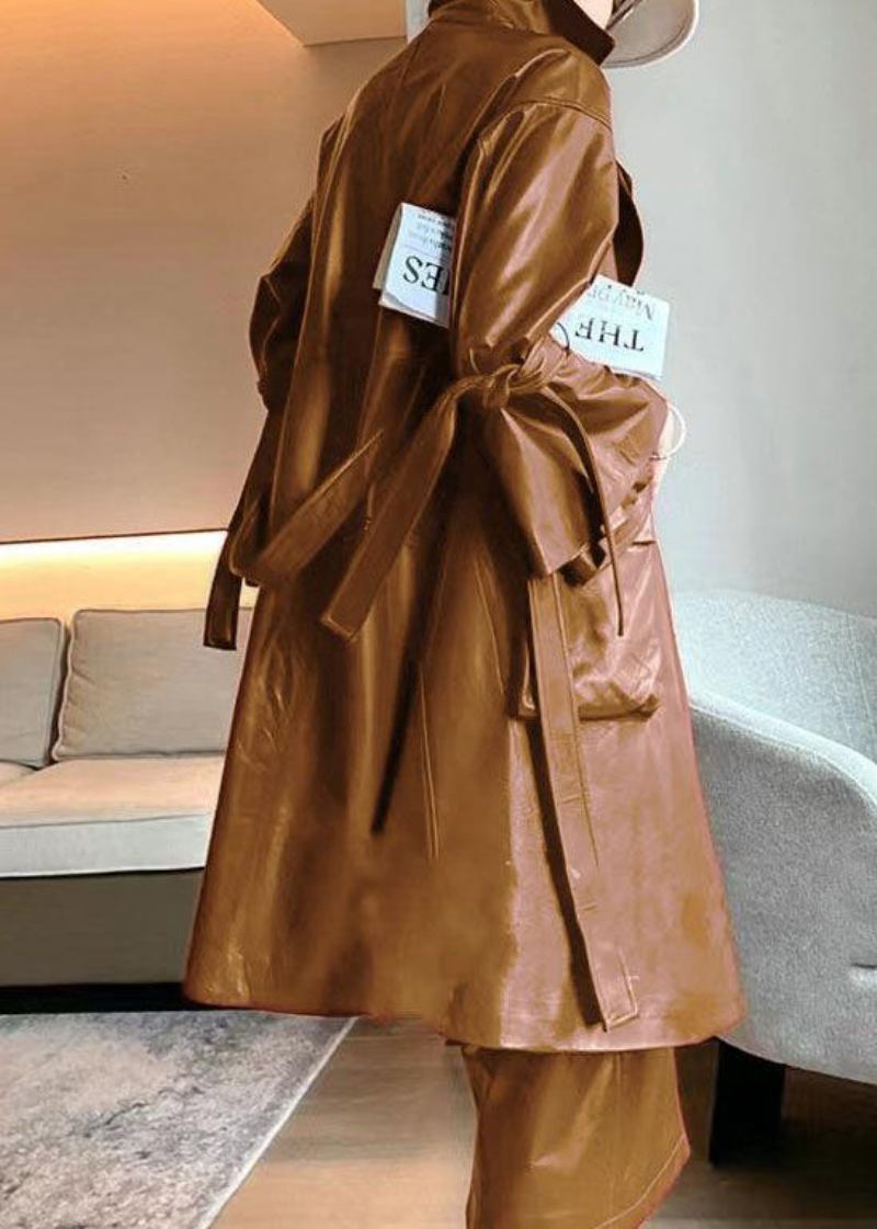 Schicker Trenchcoat Aus Kunstleder Mit Ausgestellten Ärmeln Und Bindegürtel In Karamell - Damen-Trenchcoats