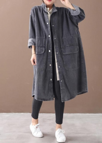 Schlichter Stehkragen Kordelzug Mode Tunika Mantel Denim Schwarz Midi Damen Mäntel