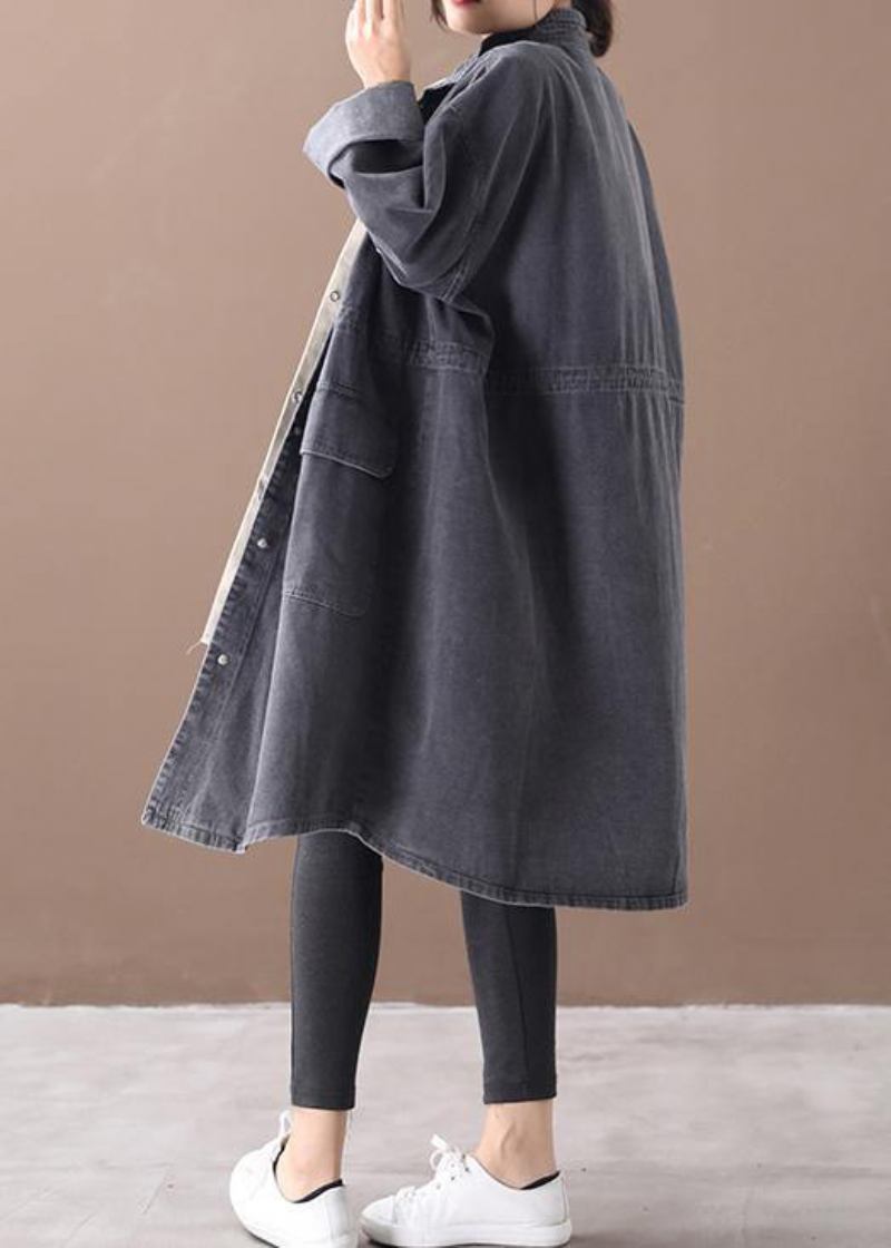 Schlichter Stehkragen Kordelzug Mode Tunika Mantel Denim Schwarz Midi Damen Mäntel - blau