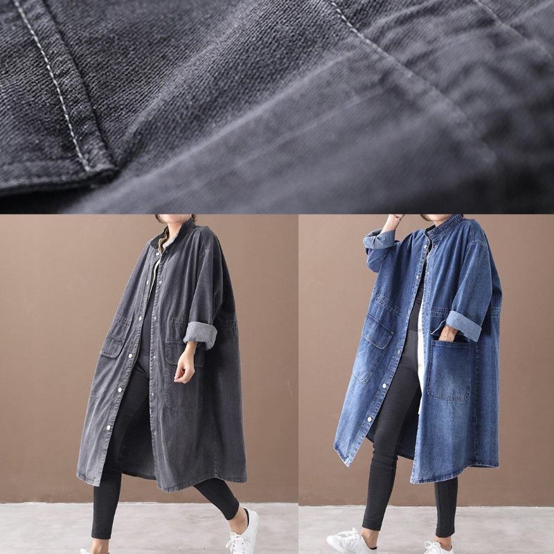 Schlichter Stehkragen Kordelzug Mode Tunika Mantel Denim Schwarz Midi Damen Mäntel - blau