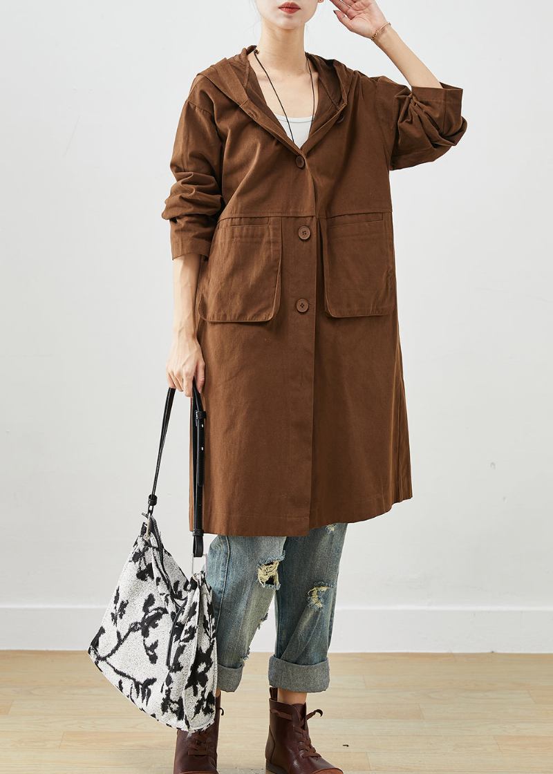 Schokoladenbrauner Trenchcoat Aus Baumwolle Mit Kapuze Und Taschen Für Den Herbst