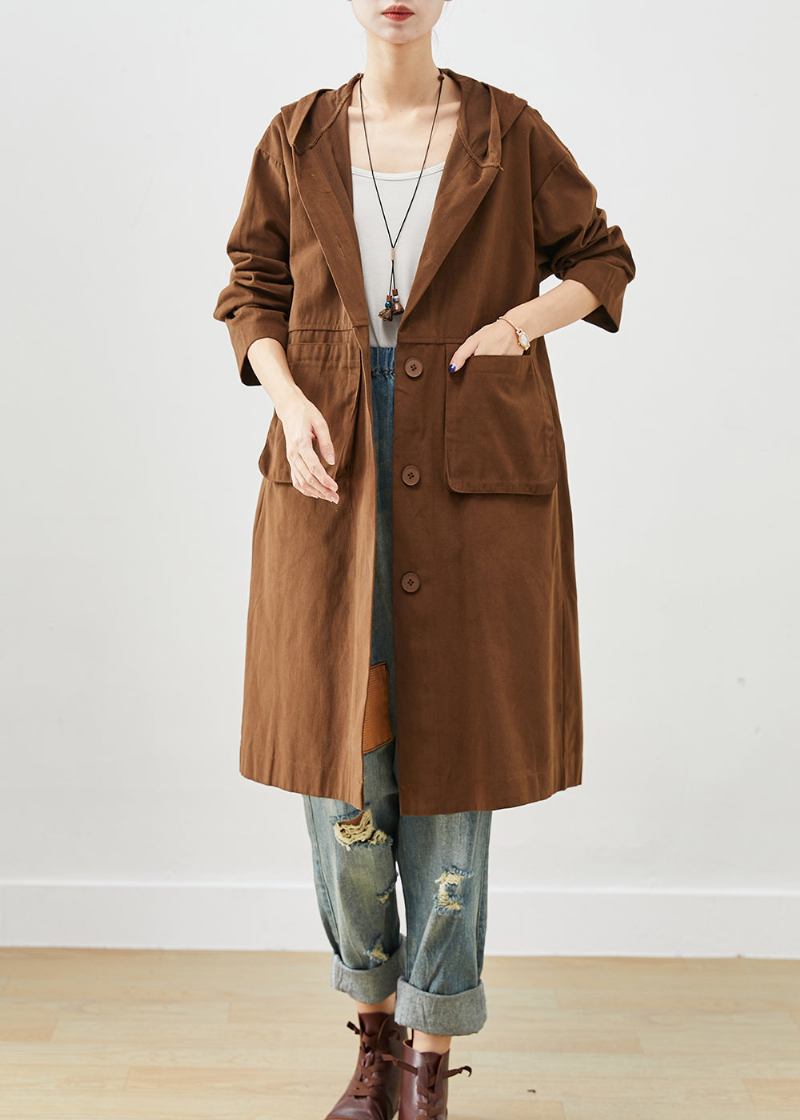 Schokoladenbrauner Trenchcoat Aus Baumwolle Mit Kapuze Und Taschen Für Den Herbst - Damen-Trenchcoats