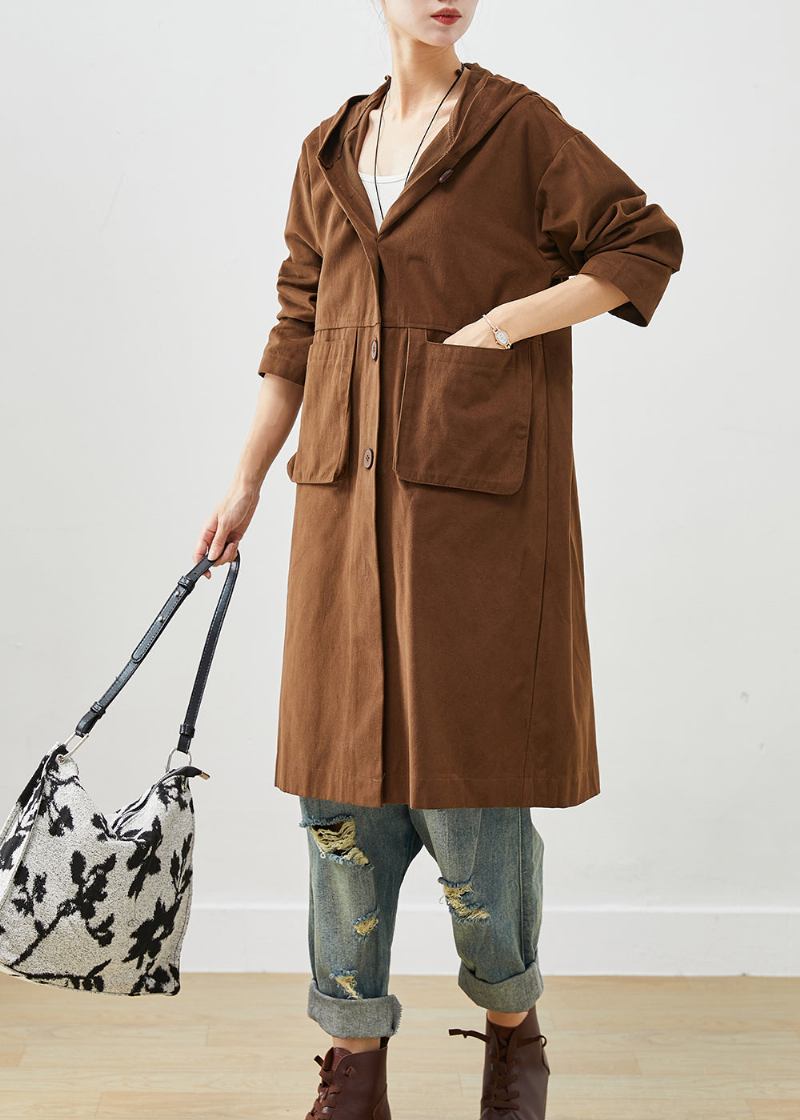 Schokoladenbrauner Trenchcoat Aus Baumwolle Mit Kapuze Und Taschen Für Den Herbst - Damen-Trenchcoats