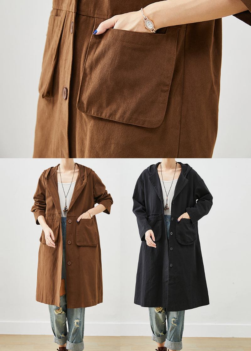 Schokoladenbrauner Trenchcoat Aus Baumwolle Mit Kapuze Und Taschen Für Den Herbst - Damen-Trenchcoats