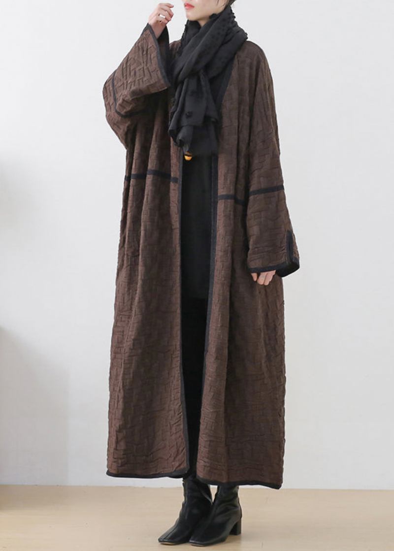 Schokoladenfarbener V-ausschnitt Patchwork Woll-trenchcoat Mit Langen Ärmeln