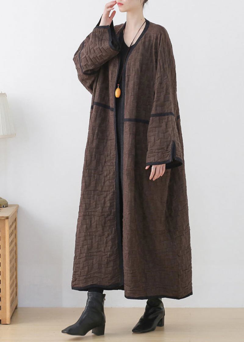 Schokoladenfarbener V-ausschnitt Patchwork Woll-trenchcoat Mit Langen Ärmeln - Kaffee