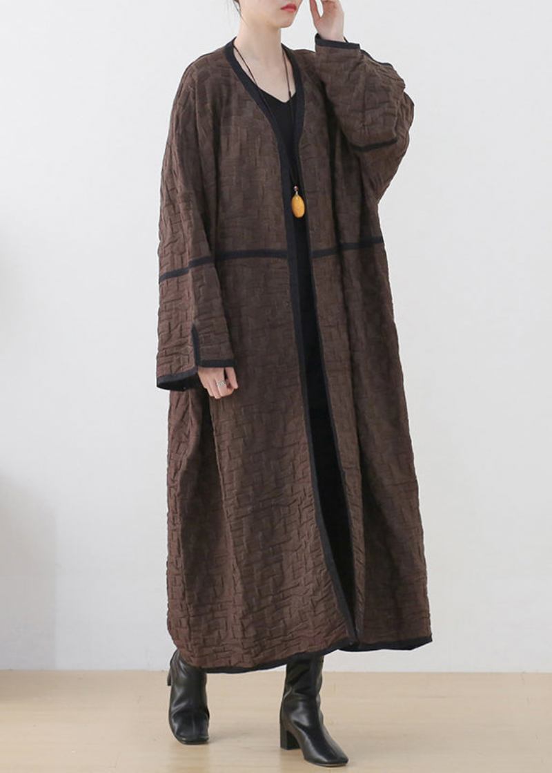 Schokoladenfarbener V-ausschnitt Patchwork Woll-trenchcoat Mit Langen Ärmeln - Kaffee