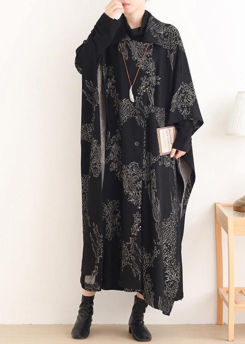 Schöne Gekerbte Asymmetrische Plus Size Mäntel Frauen Schwarze Print Silhouette