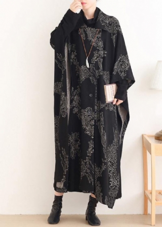 Schöne Gekerbte Asymmetrische Plus Size Mäntel Frauen Schwarze Print Silhouette