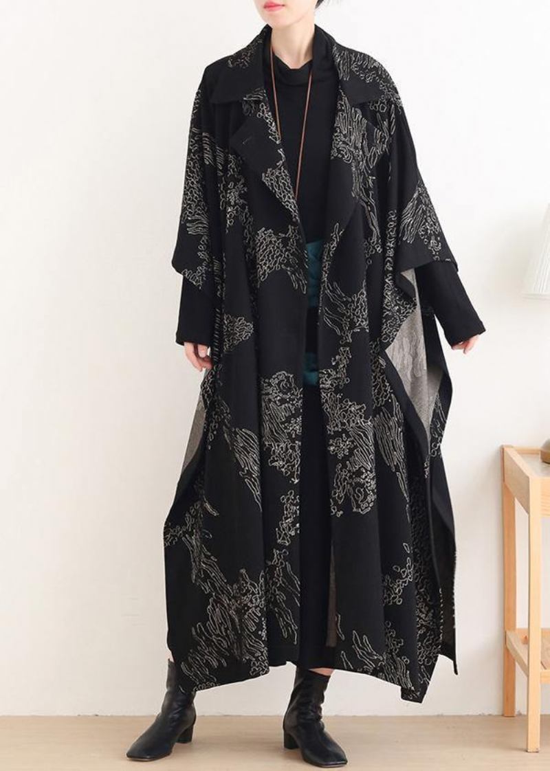 Schöne Gekerbte Asymmetrische Plus Size Mäntel Frauen Schwarze Print Silhouette - Schwarz