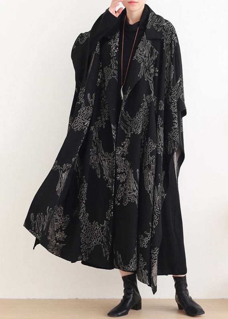 Schöne Gekerbte Asymmetrische Plus Size Mäntel Frauen Schwarze Print Silhouette - Schwarz