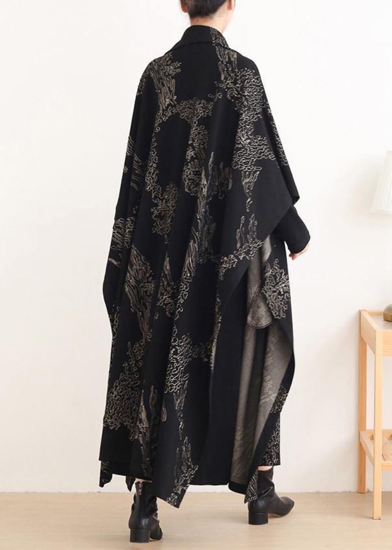 Schöne Gekerbte Asymmetrische Plus Size Mäntel Frauen Schwarze Print Silhouette - Schwarz