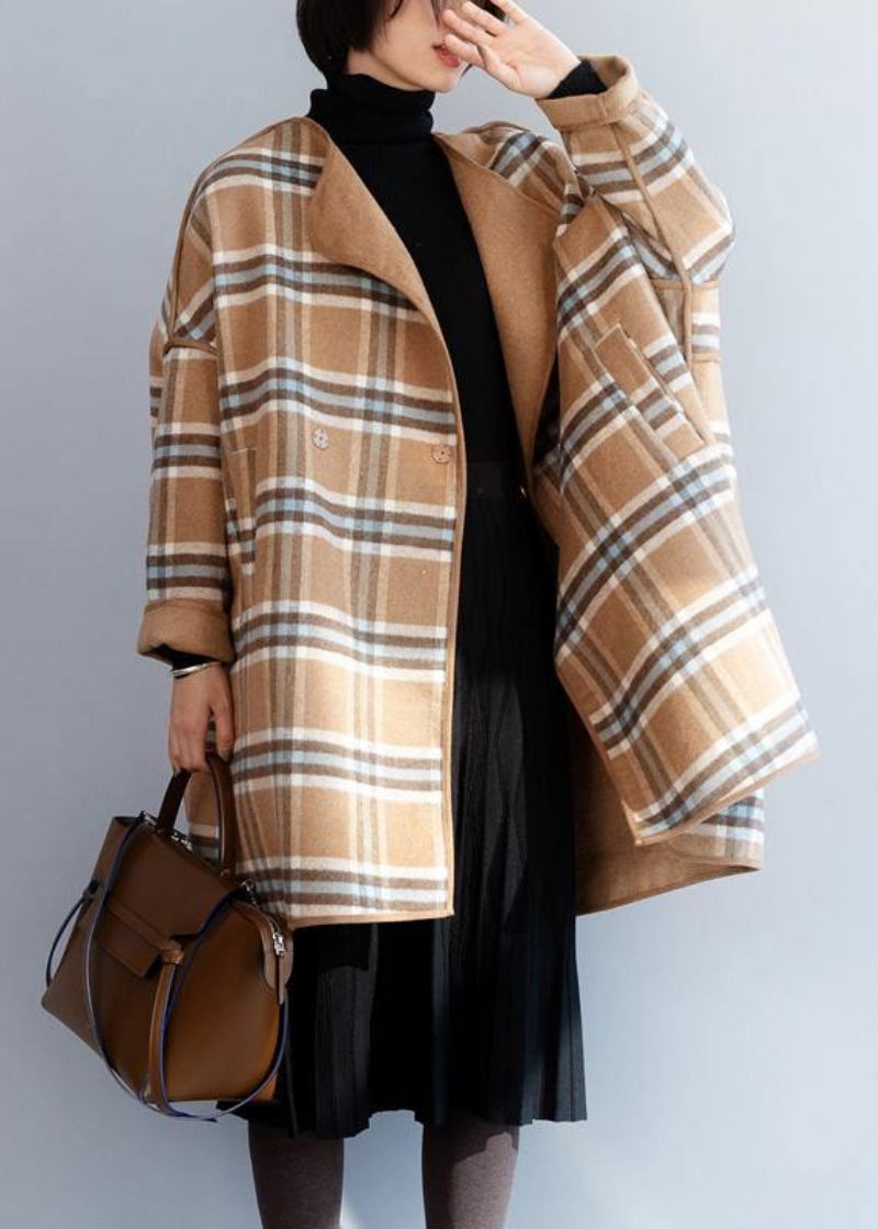 Schöne Khaki Plaid Mode Kleidung Für Frauen Ausschnitt O Neck Winter Mantel