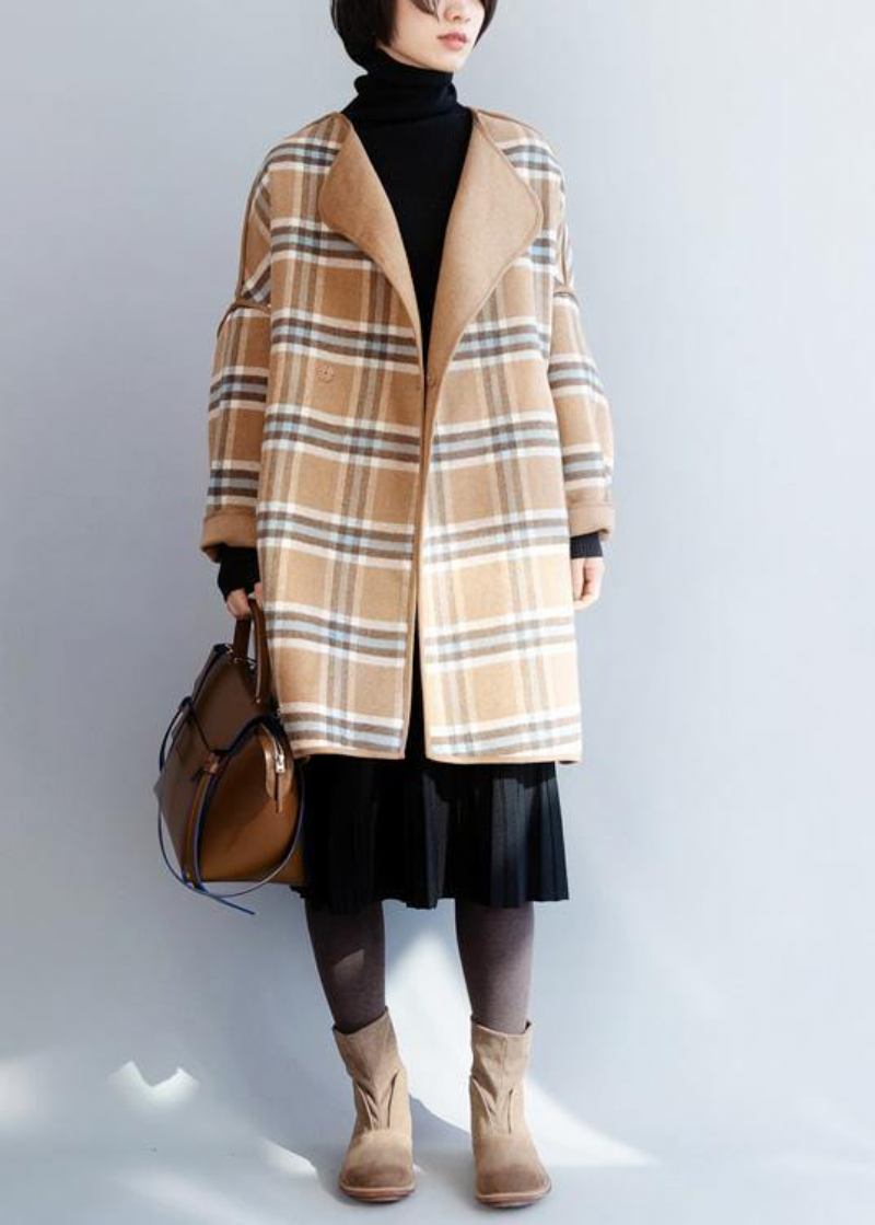 Schöne Khaki Plaid Mode Kleidung Für Frauen Ausschnitt O Neck Winter Mantel - Damen-Trenchcoats