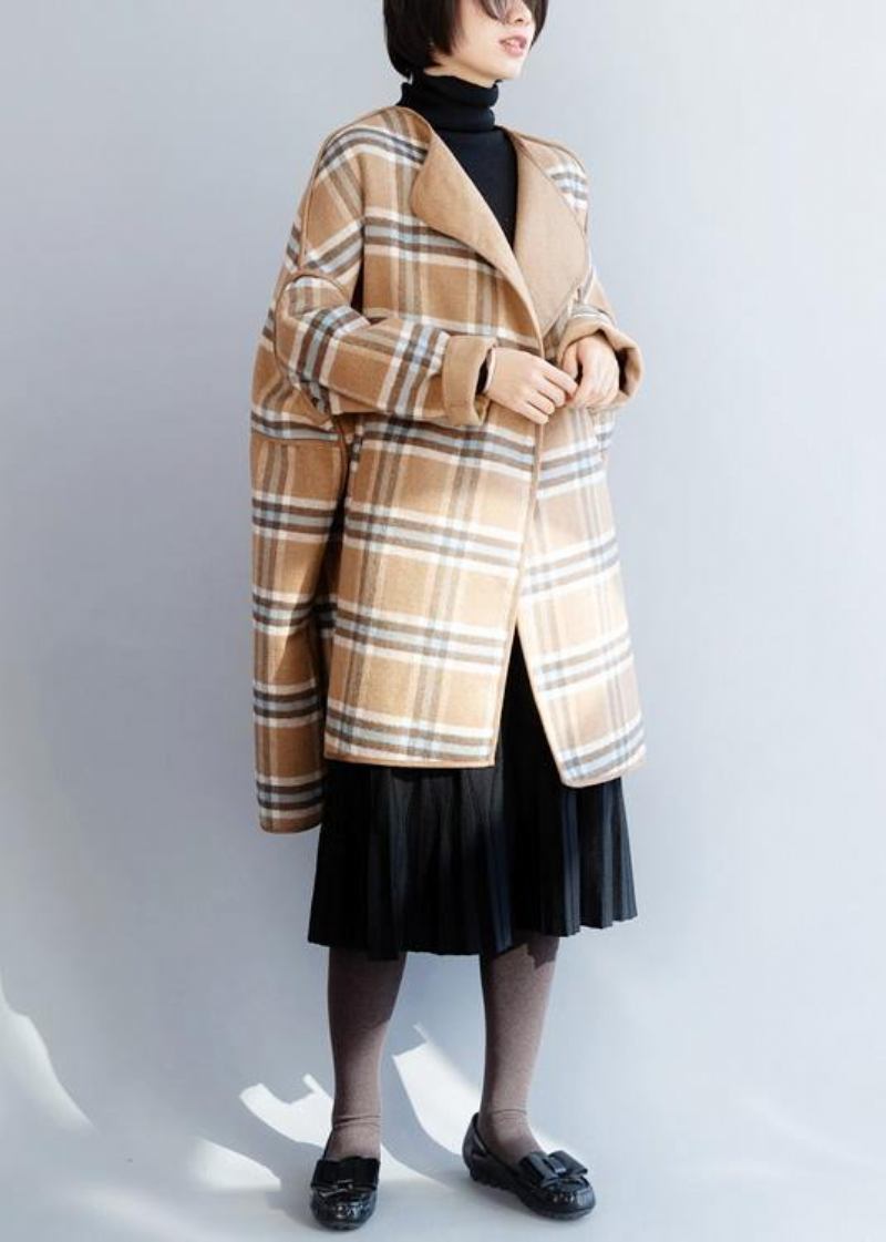 Schöne Khaki Plaid Mode Kleidung Für Frauen Ausschnitt O Neck Winter Mantel - Damen-Trenchcoats