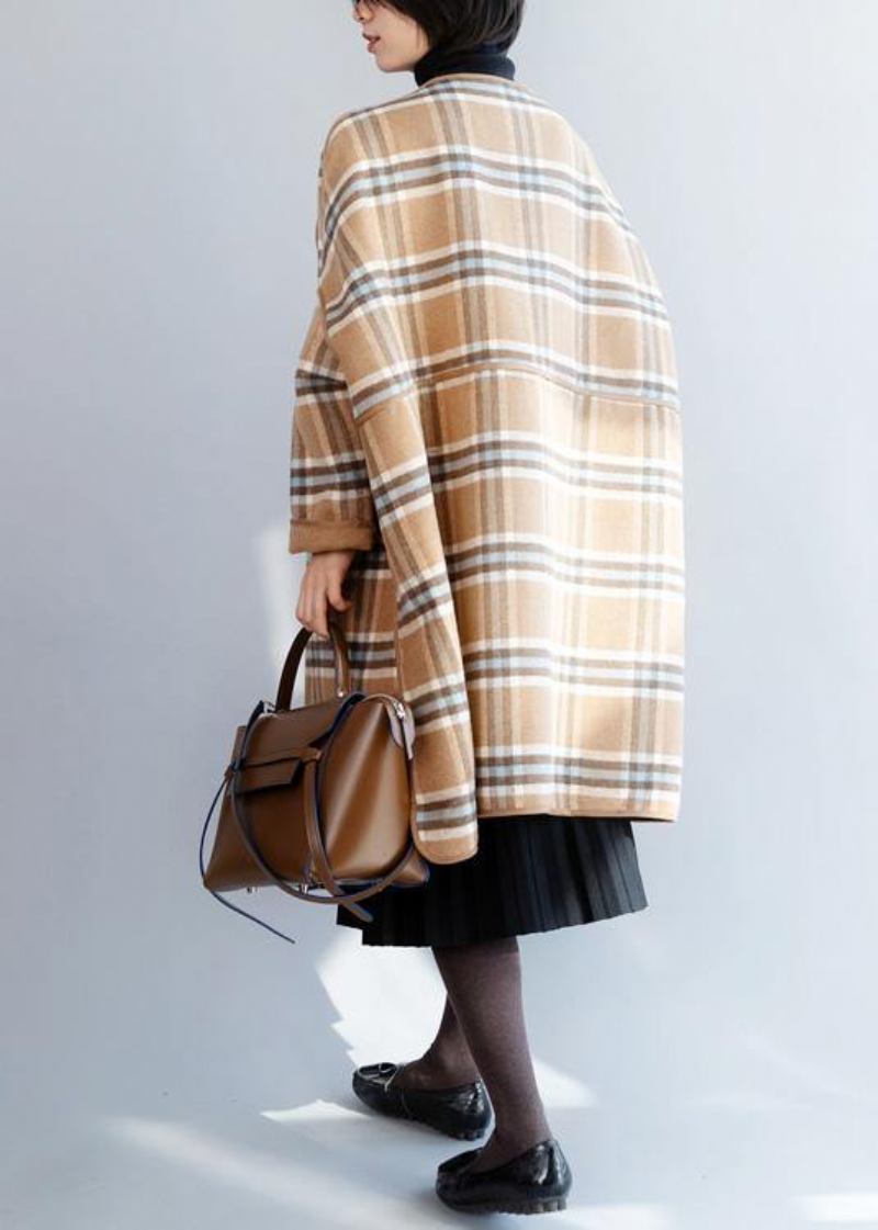 Schöne Khaki Plaid Mode Kleidung Für Frauen Ausschnitt O Neck Winter Mantel - Damen-Trenchcoats