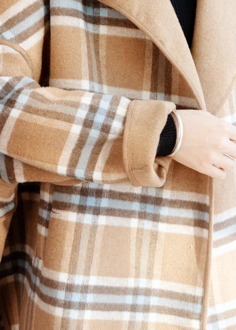 Schöne Khaki Plaid Mode Kleidung Für Frauen Ausschnitt O Neck Winter Mantel - Damen-Trenchcoats