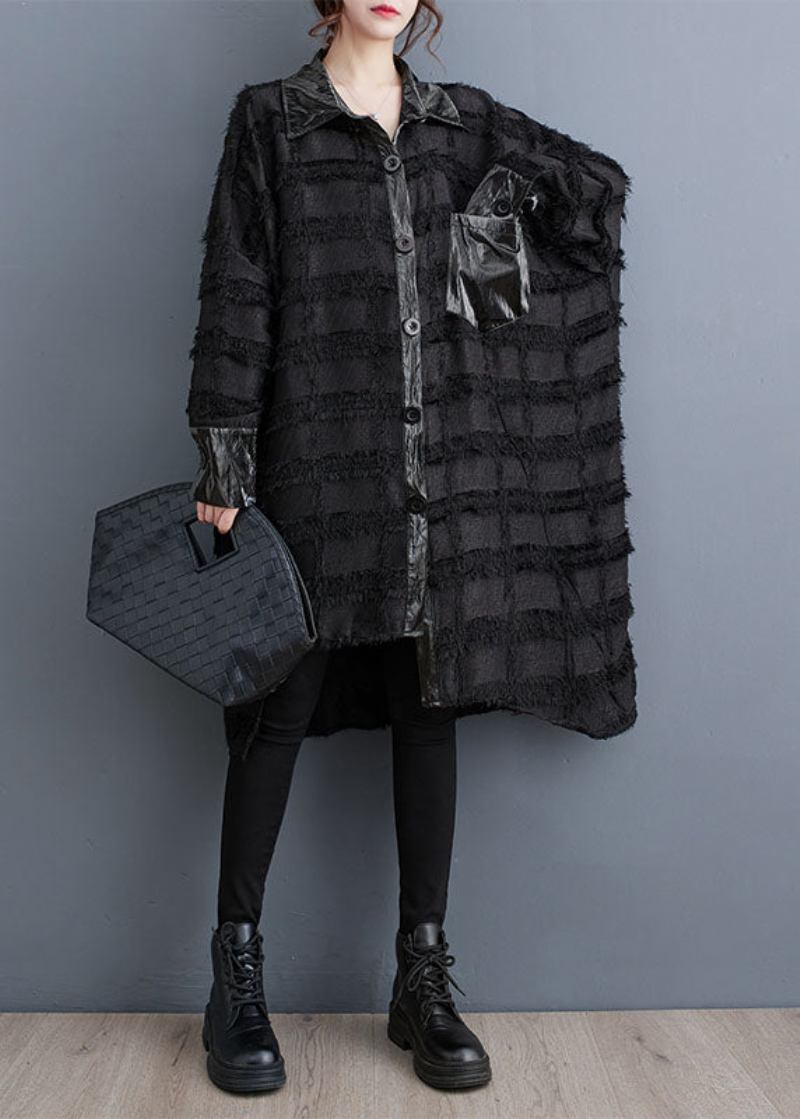 Schöne Schwarze Asymmetrische Taschen Patchwork Knopf Trenchcoats Herbst - Damen-Trenchcoats