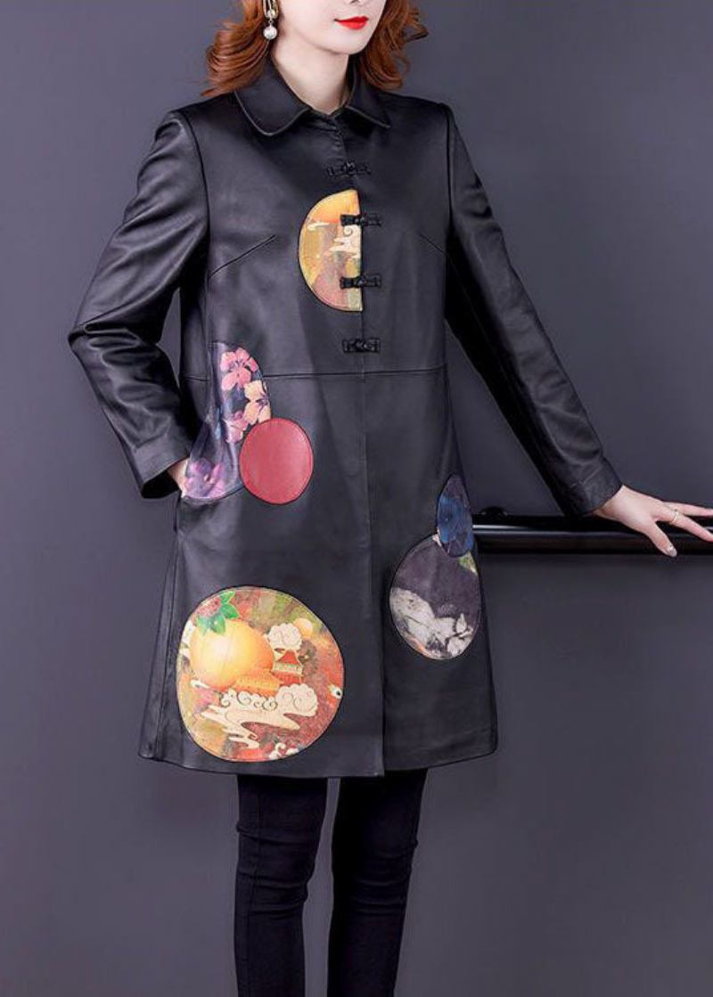 Schöne Schwarze Peter Pan Kragen Patchwork Druck Kunstleder Trenchcoat Frühling - Damen-Trenchcoats