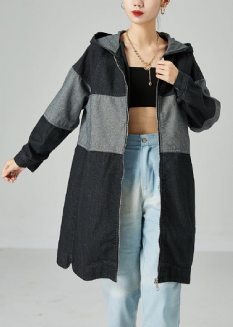 Schwarz Patchwork Baumwolle Denim Trenchcoat Mit Kapuze Übergroßen Frühling