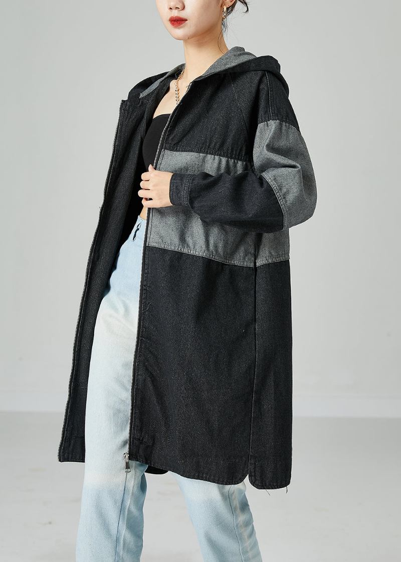 Schwarz Patchwork Baumwolle Denim Trenchcoat Mit Kapuze Übergroßen Frühling - Damen-Trenchcoats