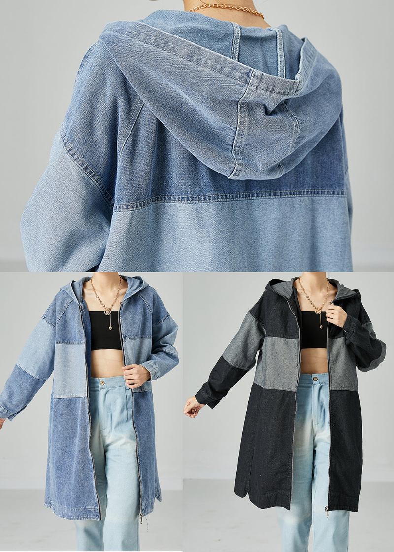 Schwarz Patchwork Baumwolle Denim Trenchcoat Mit Kapuze Übergroßen Frühling - Damen-Trenchcoats