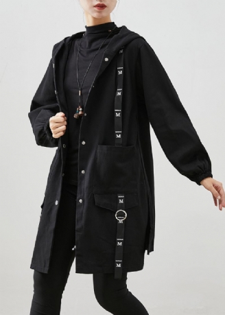 Schwarz Patchwork Baumwolle Hoodie Trenchcoat Übergroßen Herbst