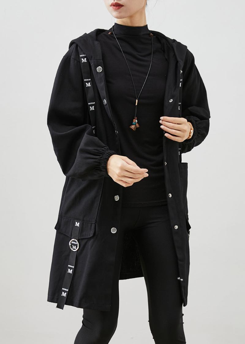 Schwarz Patchwork Baumwolle Hoodie Trenchcoat Übergroßen Herbst - Damen-Trenchcoats