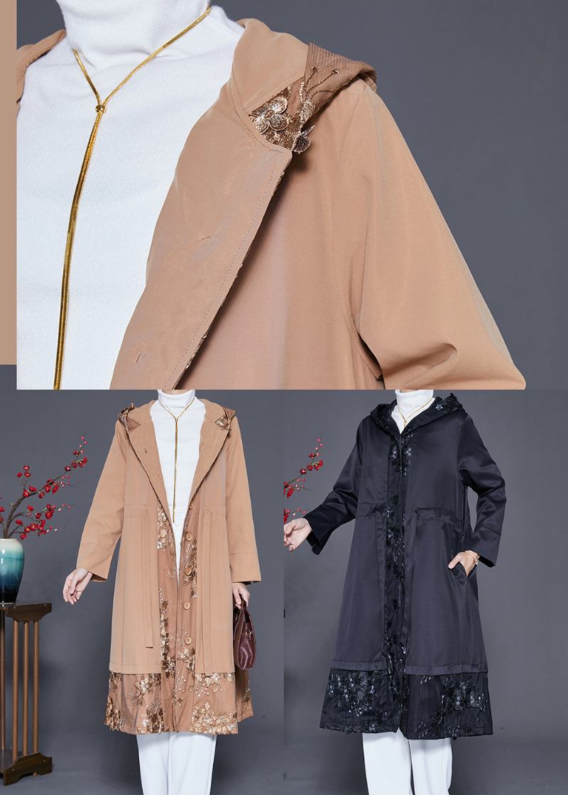 Schwarz Patchwork Baumwolle Trenchcoat Bestickt Mit Kapuze Herbst - Damen-Trenchcoats