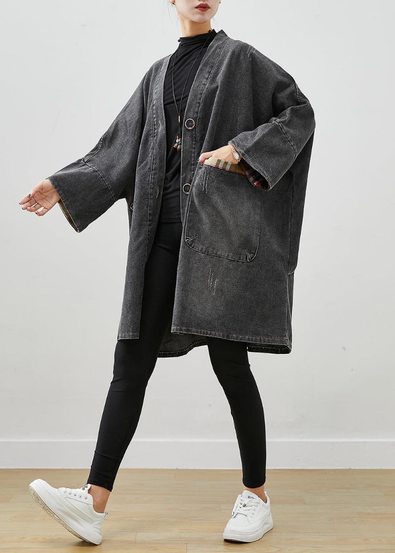 Schwarz Patchwork Denim Trenchcoat Outwear Übergroßen Herbst