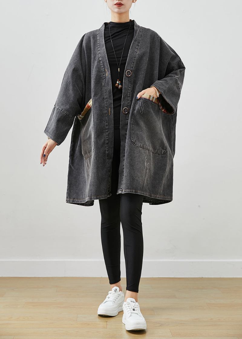 Schwarz Patchwork Denim Trenchcoat Outwear Übergroßen Herbst - Damen-Trenchcoats