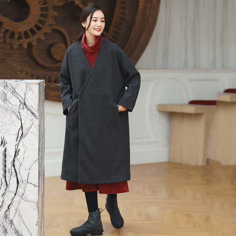 Schwarze Mäntel Für Damen Trendige Übergrößen V-ausschnitt Oberbekleidung Im Vintage-stil Weite Taschen Wolljacken - Damen-Trenchcoats