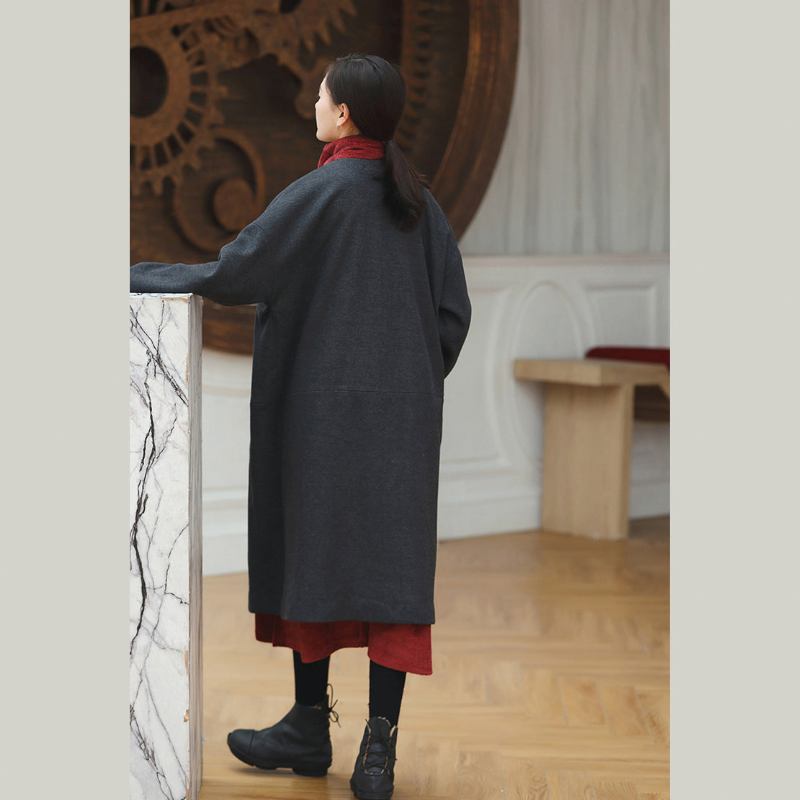 Schwarze Mäntel Für Damen Trendige Übergrößen V-ausschnitt Oberbekleidung Im Vintage-stil Weite Taschen Wolljacken - Damen-Trenchcoats