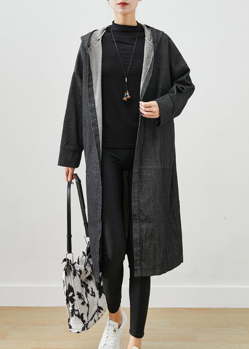 Schwarze Übergroße Denim-trenchcoats Mit Kapuze Und Taschen - Damen-Trenchcoats