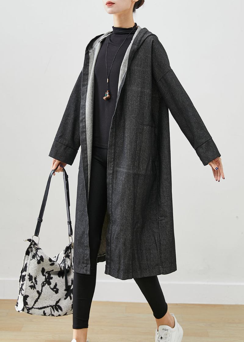 Schwarze Übergroße Denim-trenchcoats Mit Kapuze Und Taschen - Damen-Trenchcoats