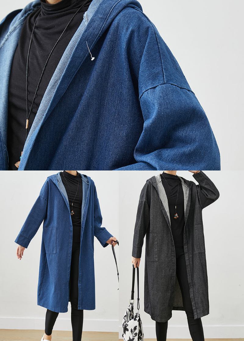 Schwarze Übergroße Denim-trenchcoats Mit Kapuze Und Taschen - Damen-Trenchcoats