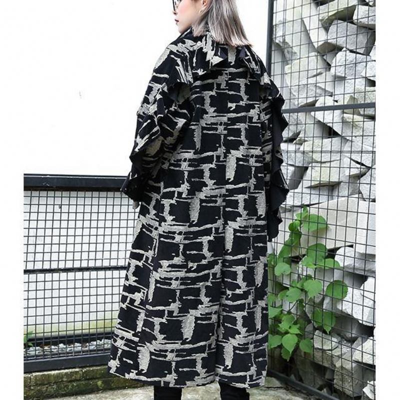 Schwarzer Druck Mantel Plus Größe Revers Patchwork Feines Asymmetrisches Design - Damen-Trenchcoats