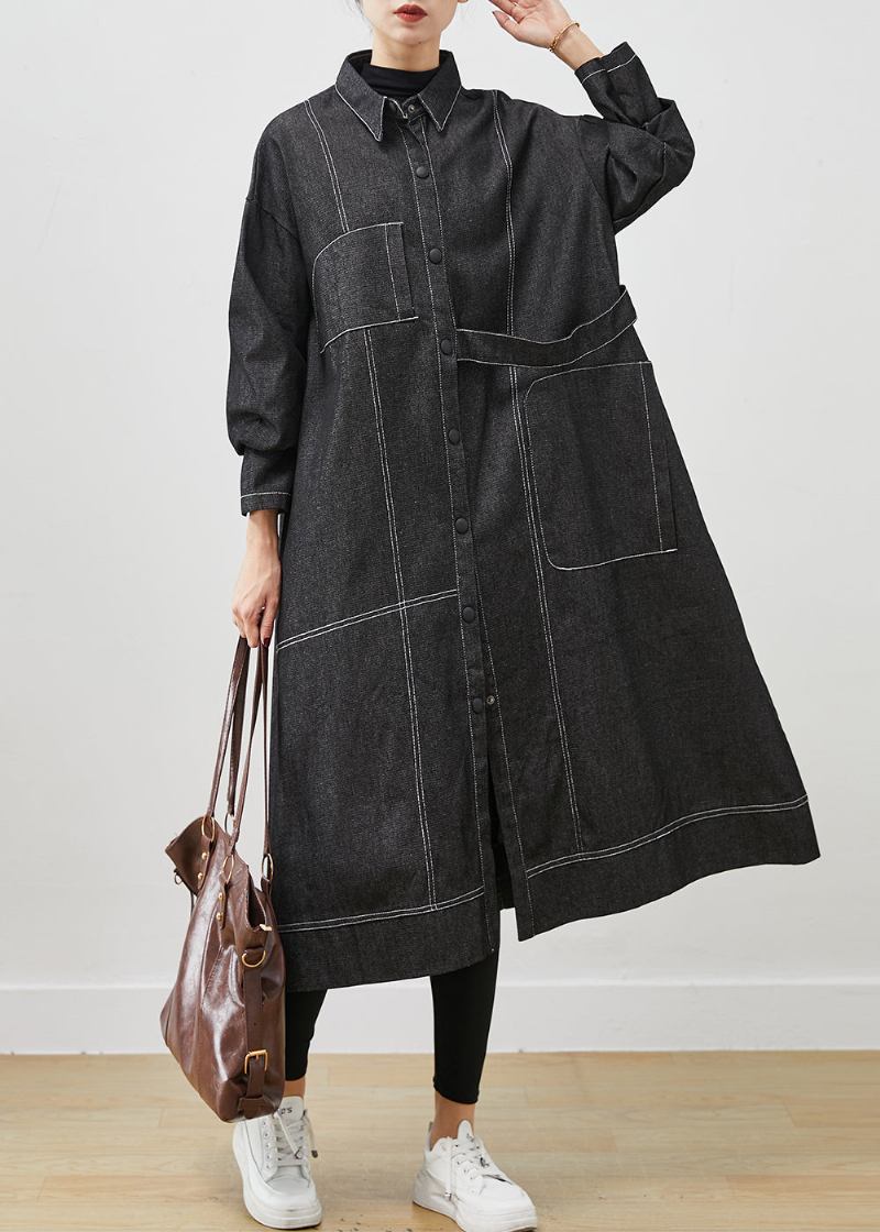 Schwarzer Lockerer Denim-trenchcoat Mit Übergroßen Taschen Frühling